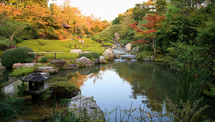 a boulder flanked pond in Japan with trees in fall colors