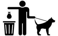 graphic image of a trash can a dog and a person placing a dog waste bag into the trash