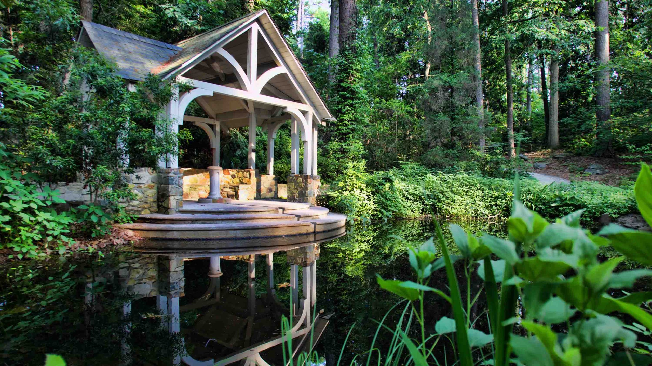 A wooden pavilion with a stone staircase leading to a reflective pond, and surrounded by lush green foliage