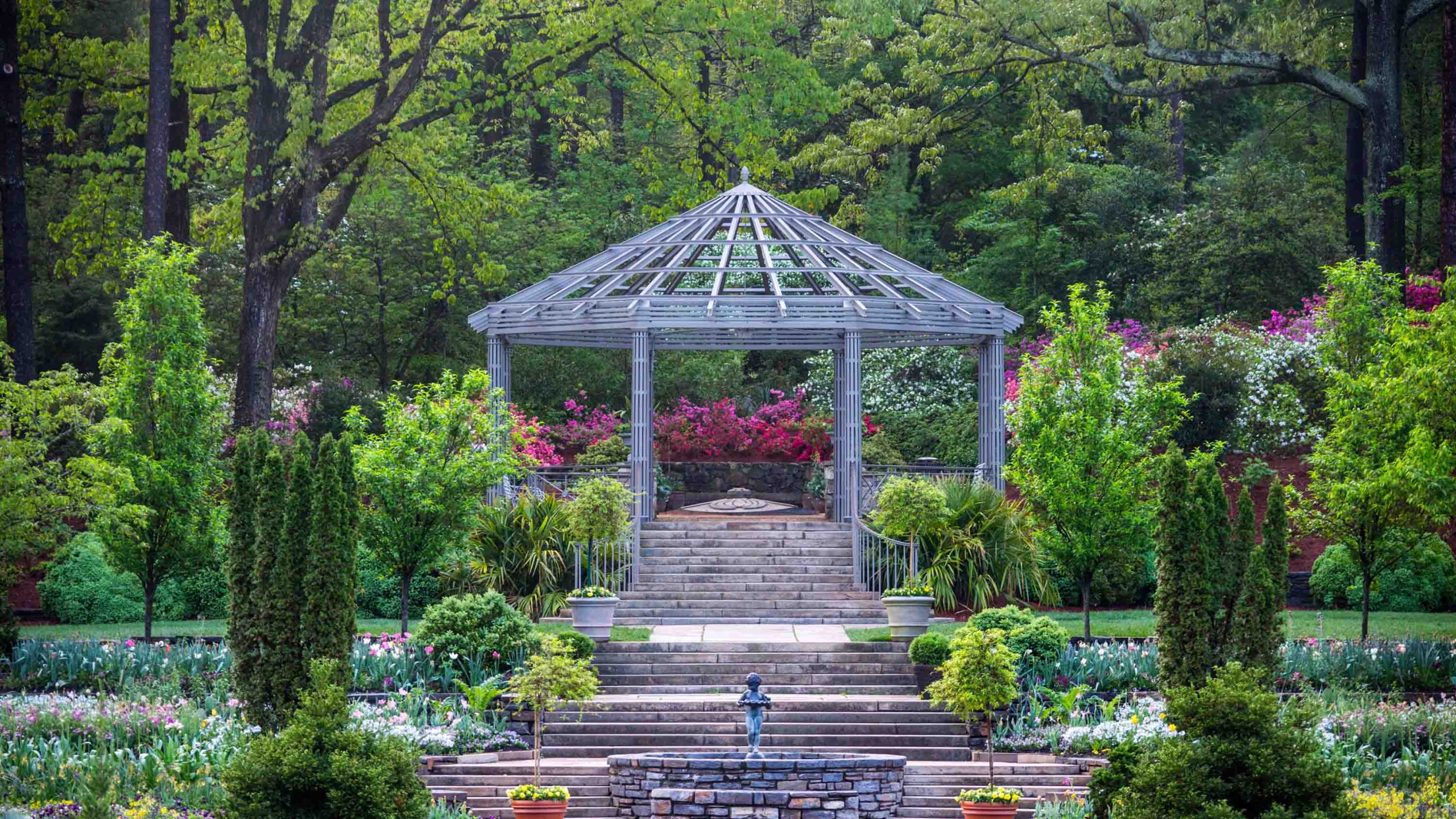 Metal pergola in the Terrace Gardens in the spring