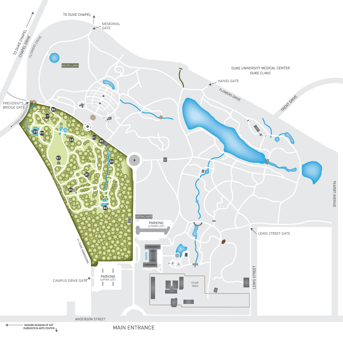 Gardens map with the Blomquist Garden of Native Plants highlighted in green