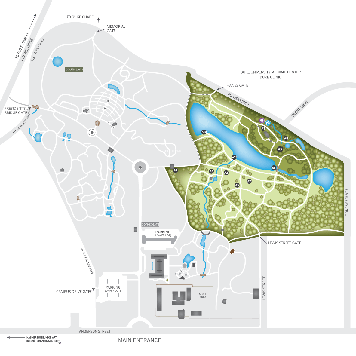 Gardens map with the Culberson Asiatic Arboretum highlighted in green