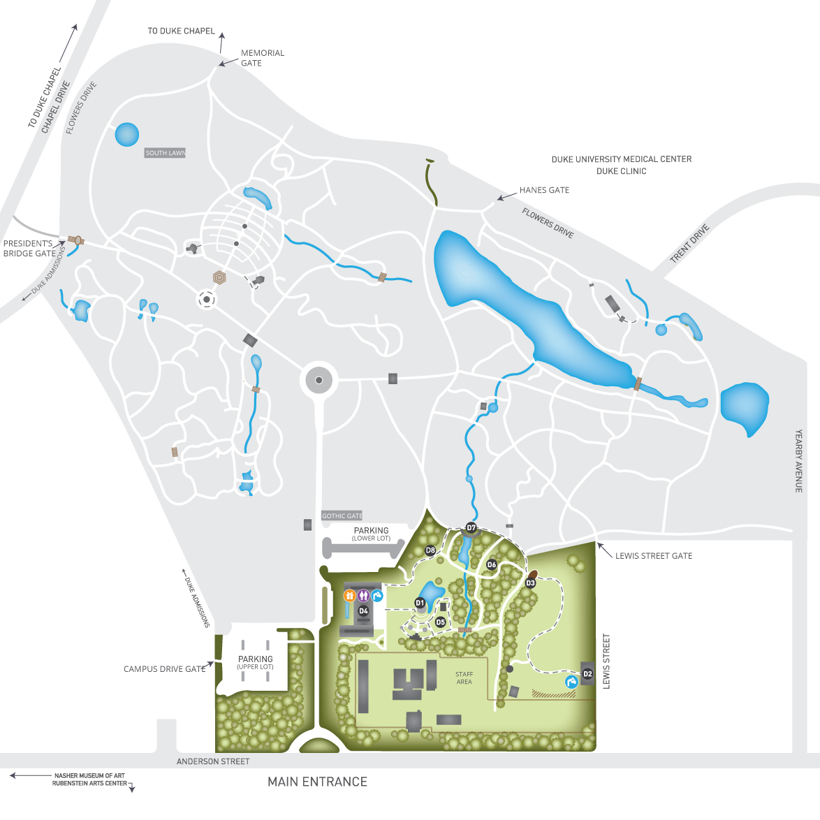 Gardens map with the Doris Duke Center Gardens highlighted in green