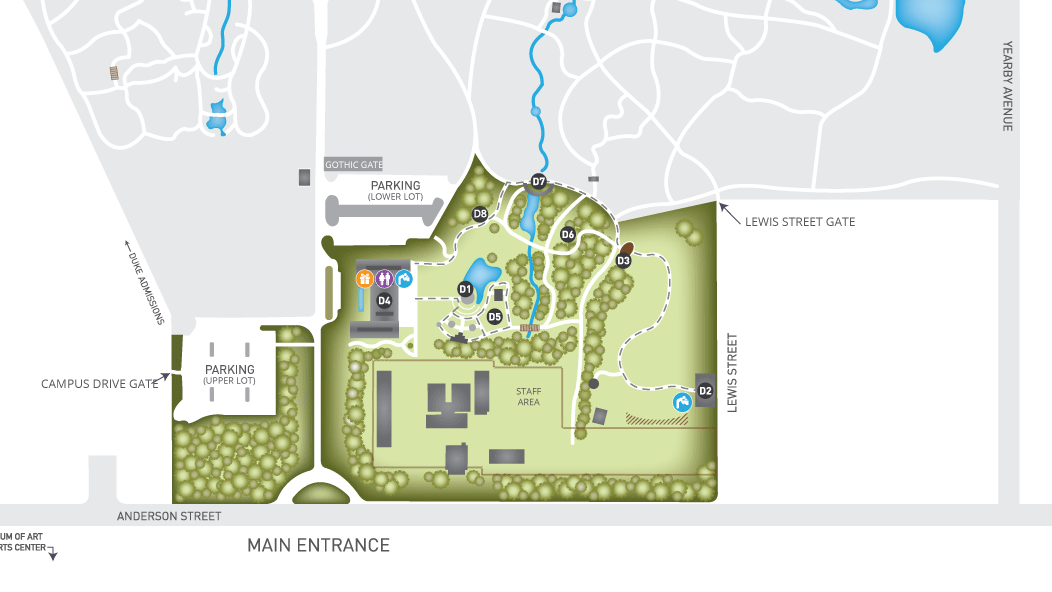 Duke Gardens map with the Doris Duke Center Gardens highlighted in green