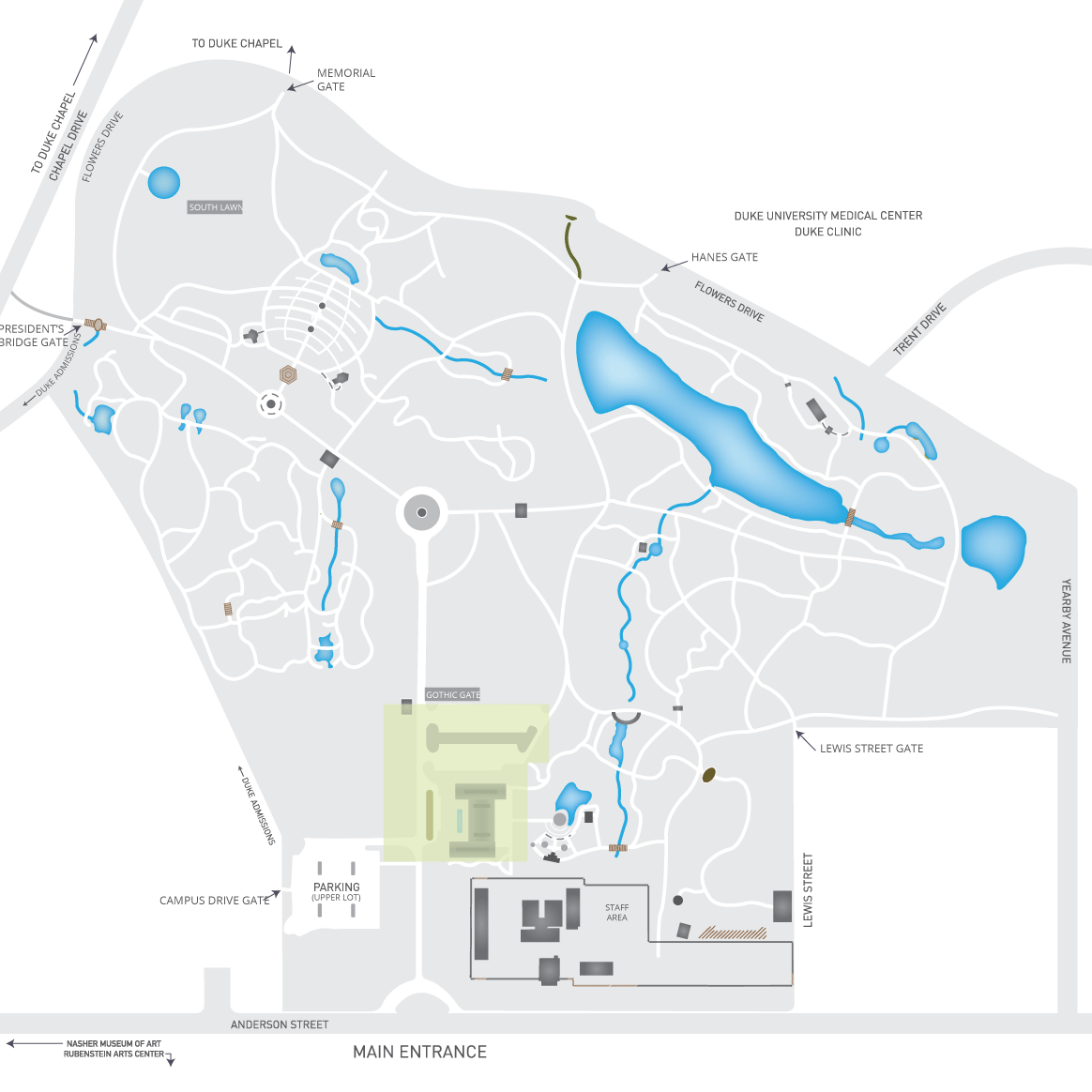 Gardens map with the Doris Duke Center Gardens highlighted in green