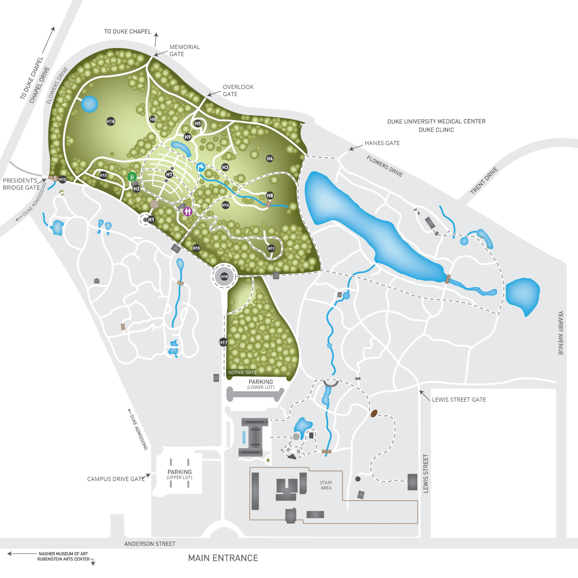 Gardens map with the Historic Gardens highlighted in green