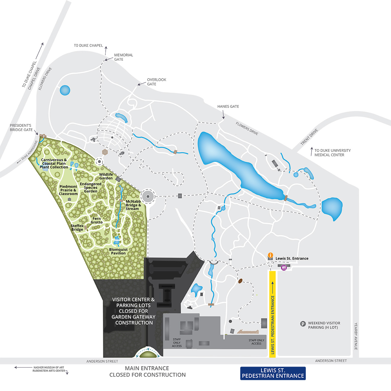 Gardens map with the Blomquist Garden of Native Plants highlighted in green