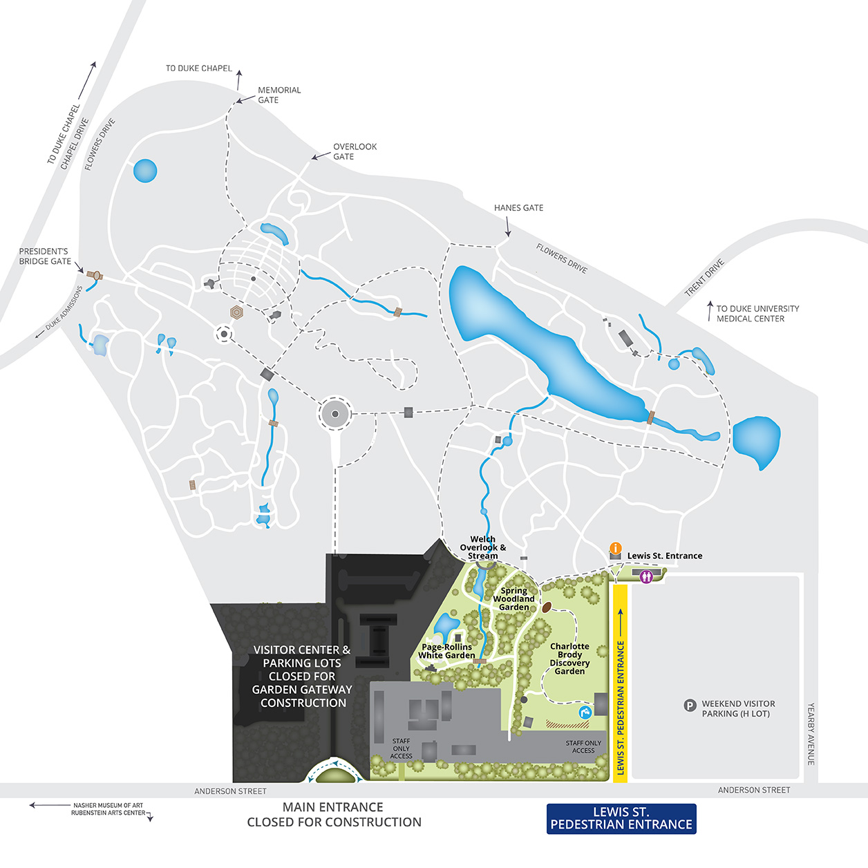 Gardens map with the Doris Duke Center Gardens highlighted in green