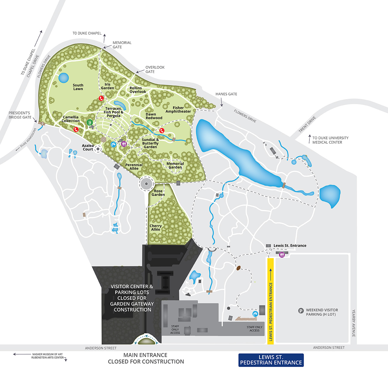 Gardens map with the Historic Gardens highlighted in green