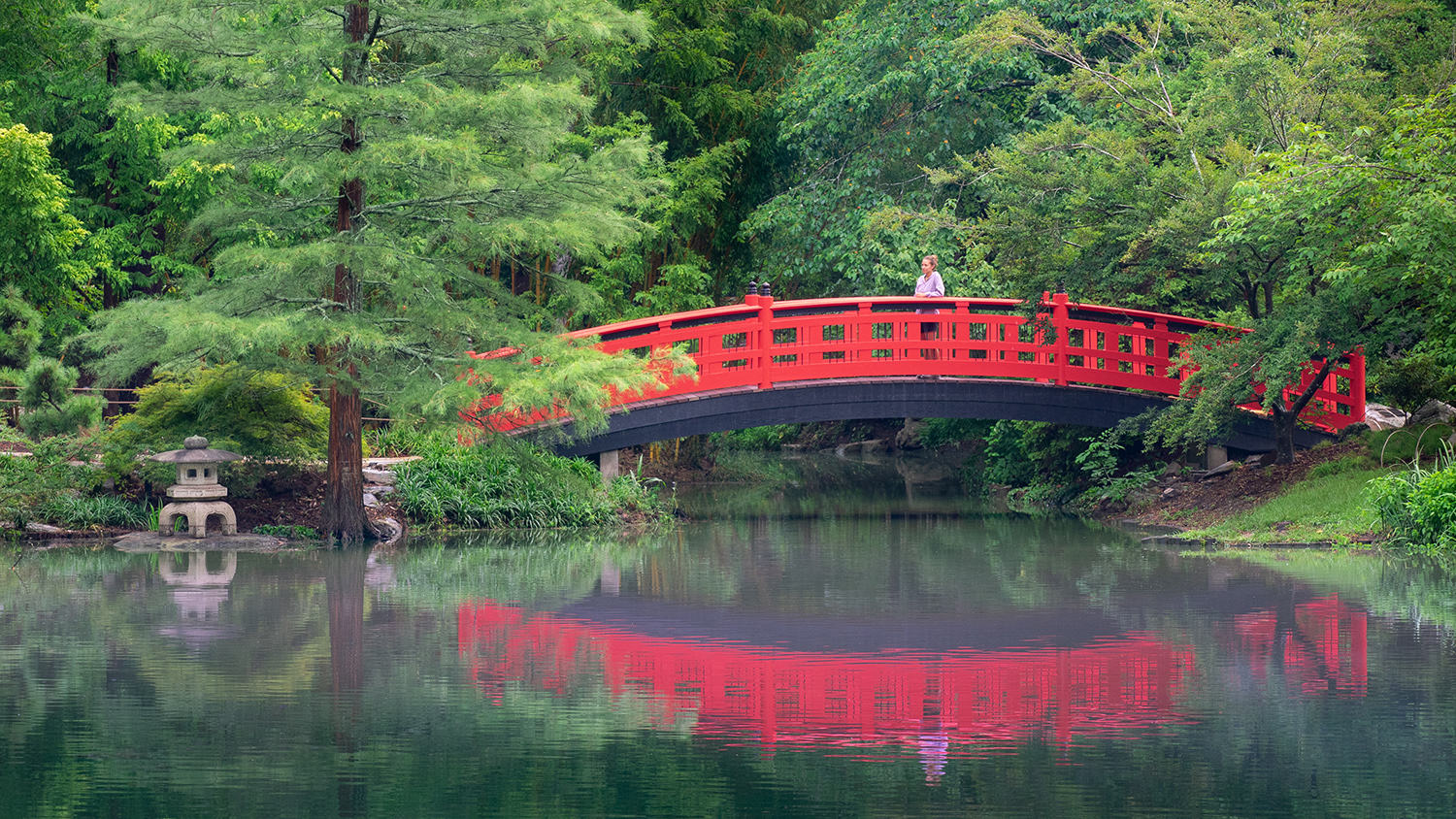 An arched red bridge with a reflection in a large pond, with trees all around and a Japanese lantern sculpture to the left of the bridge.