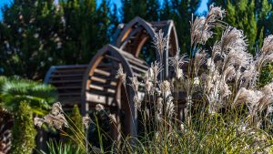 A Gothic-style wooden garden pergola with tall brown-toned ornamental grasses growing in the foreground.