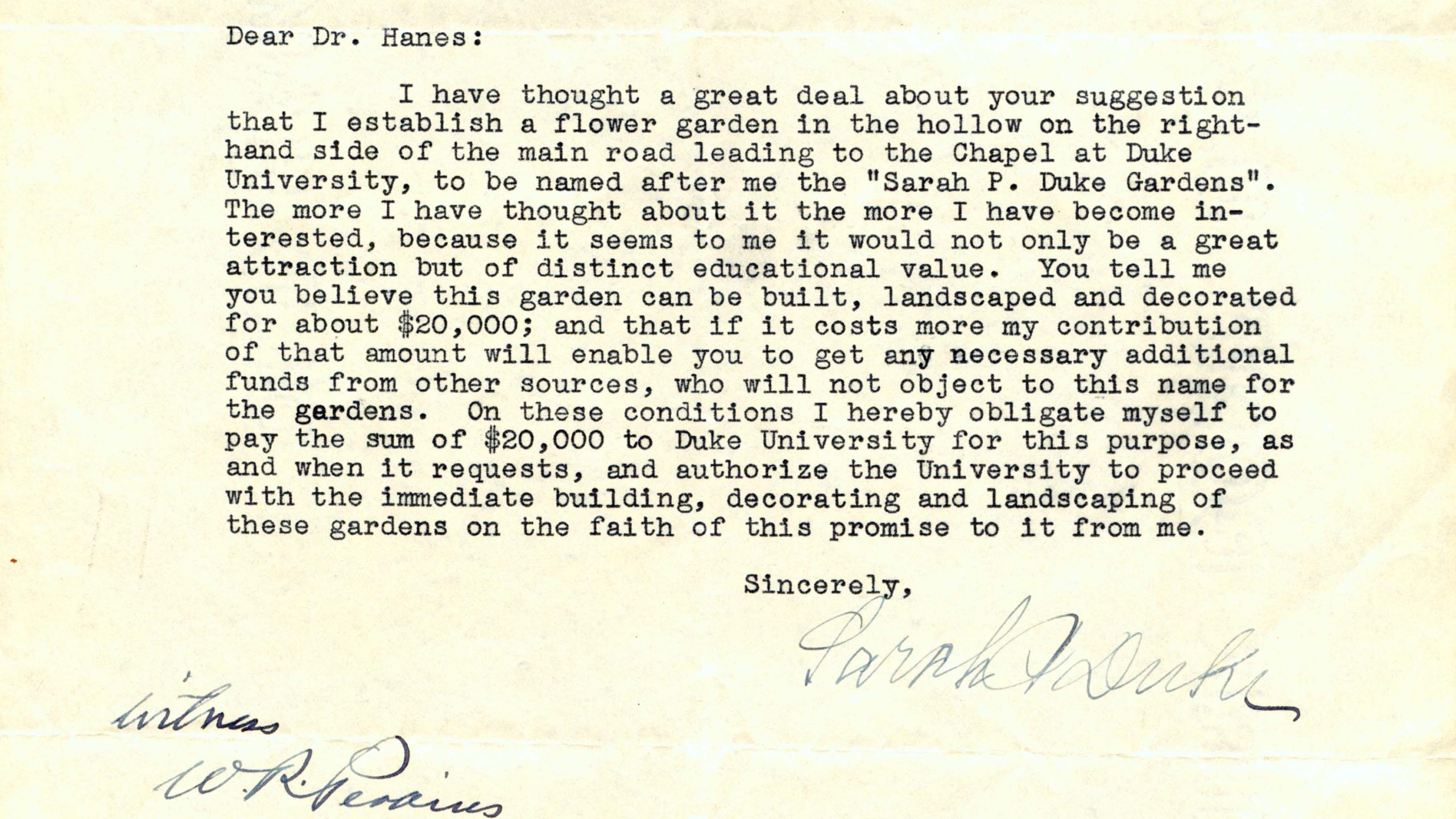 A photograph of a letter written to Dr. Hanes , from Sarah P. Duke, in the 1930s.